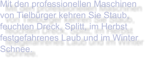 Mit den professionellen Maschinen von Tielbürger kehren Sie Staub, feuchten Dreck, Splitt, im Herbst festgefahrenes Laub und im Winter Schnee.